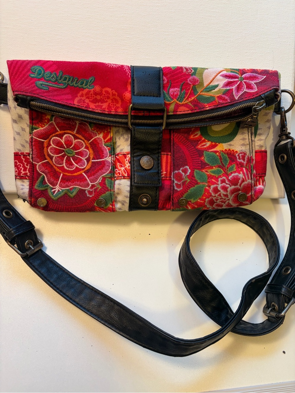 Desigual Red Floral Fold over Y2K Grommet  Crossbody Bag Dopamine dressing